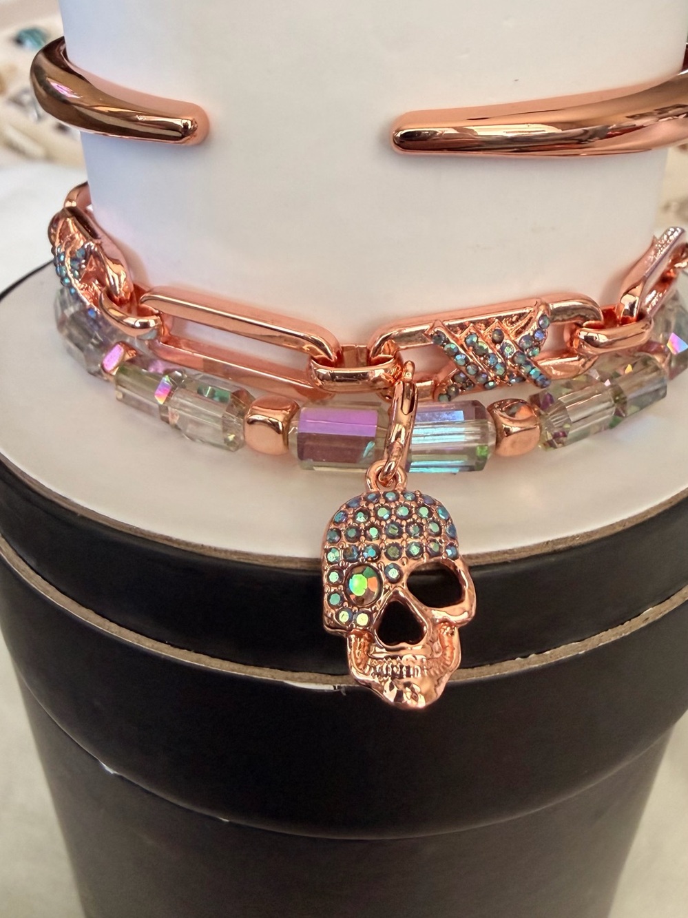Rose Gold Skull Charm Bracelet with Iridescent Beads